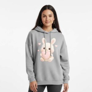 Cute Bunny Rabbit Heart Grey Pullover Hoodie